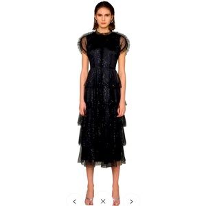 AMY LYNN Mesh Overlay Shimmering Midi Tiered Tea Black Dress NWT Size Medium